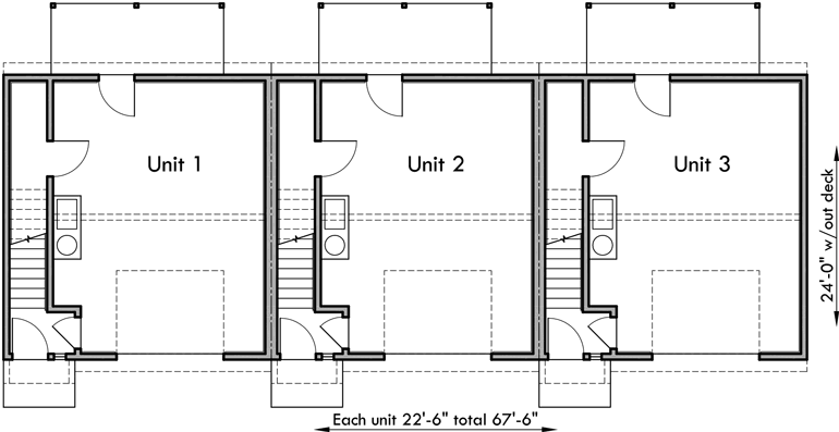 Lower Floor Plan 2 for Triplex plans, small lot house plans, row house plans, 3 plex plans, triplex house plans with garage, T-413