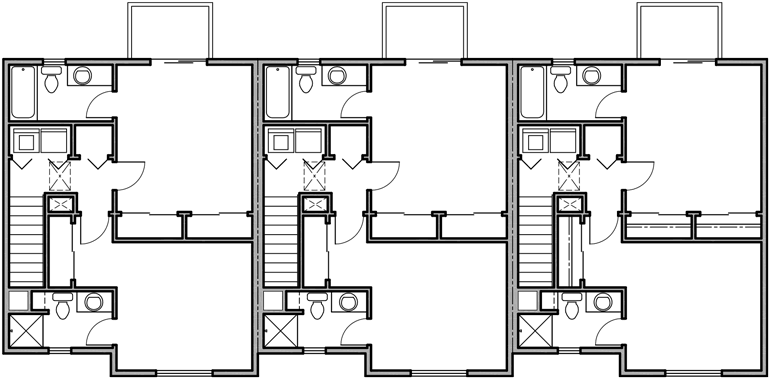Upper Floor Plan 2 for Triplex plans, small lot house plans, row house plans, 3 plex plans, triplex house plans with garage, T-413