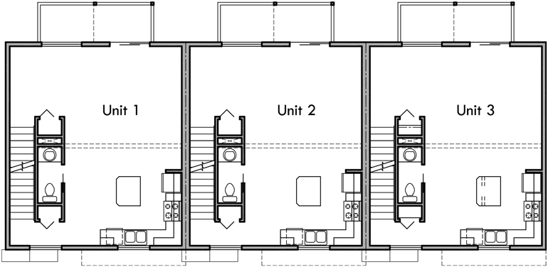 Main Floor Plan 2 for T-413 Triplex plans, small lot house plans, row house plans, 3 plex plans, triplex house plans with garage, T-413