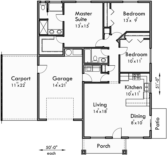 Main Floor Plan for D-590 Duplex house plans, one story duplex house plans, duplex house plans with garage, 3 bedroom duplex plans, D-590