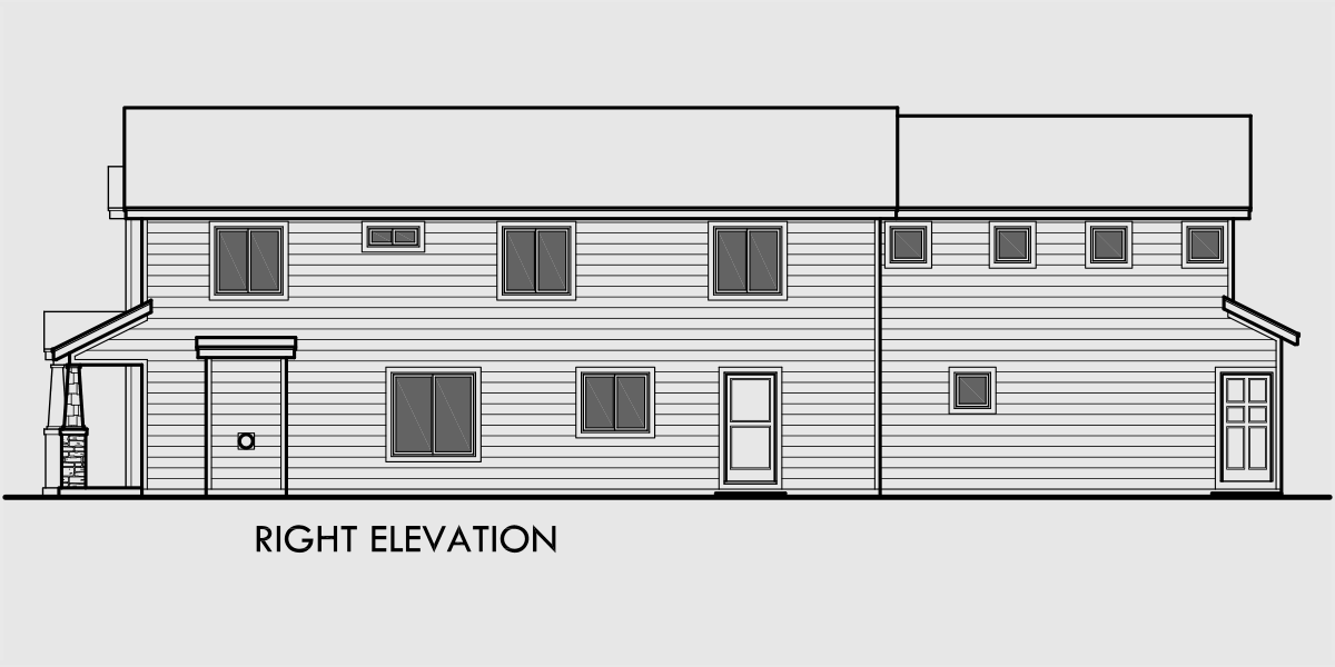 House rear elevation view for D-570 Duplex house plans, ADU floor plans, Accessory Dwelling Units, back to back duplex plans, D-570