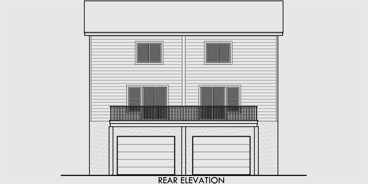 House front drawing elevation view for D-564 Duplex house plans, rear garage duplex plans, duplex house plans with basement, 2 bedroom duplex house plans, duplex house plans for sloping lot, D-564
