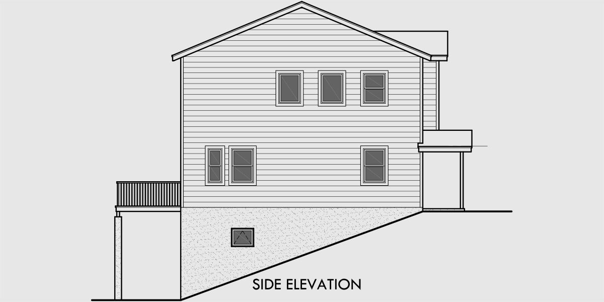 House side elevation view for D-564 Duplex house plans, rear garage duplex plans, duplex house plans with basement, 2 bedroom duplex house plans, duplex house plans for sloping lot, D-564