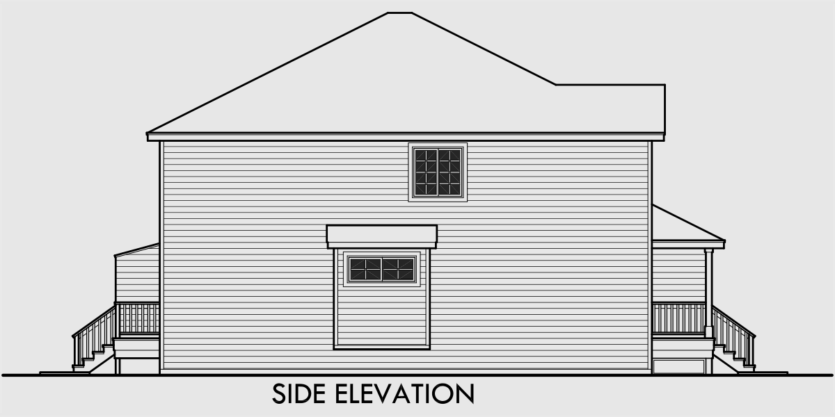 House side elevation view for D-556 Duplex house plans, narrow lot duplex house plans, 3 bedroom duplex house plans, 2 story duplex house plans, duplex house plans for Canada, D-556