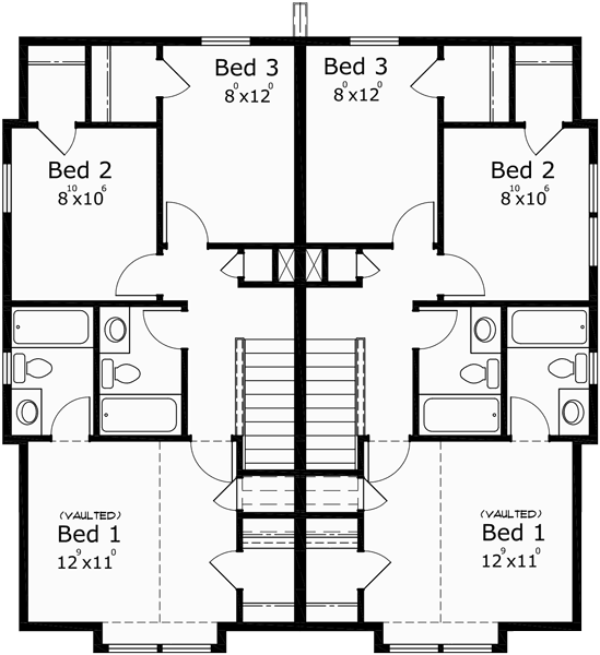 Upper Floor Plan for D-544 Duplex house plans, narrow lot duplex house plans, 3 story townhouse plans, duplex house plans with garage, row house plans, D-544