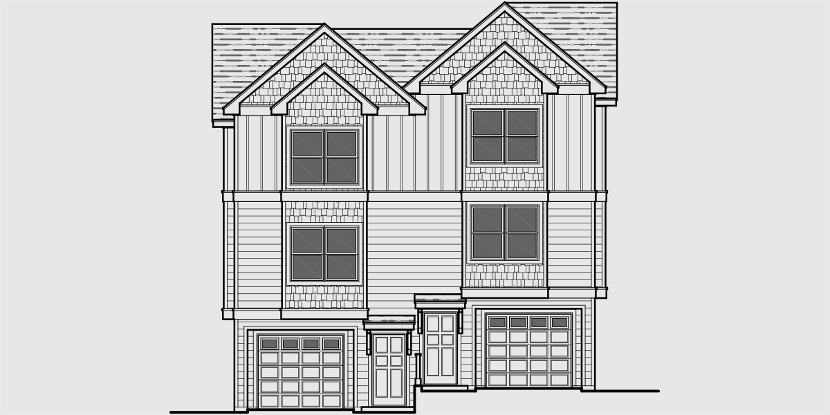 House front drawing elevation view for D-544 Duplex house plans, narrow lot duplex house plans, 3 story townhouse plans, duplex house plans with garage, row house plans, D-544