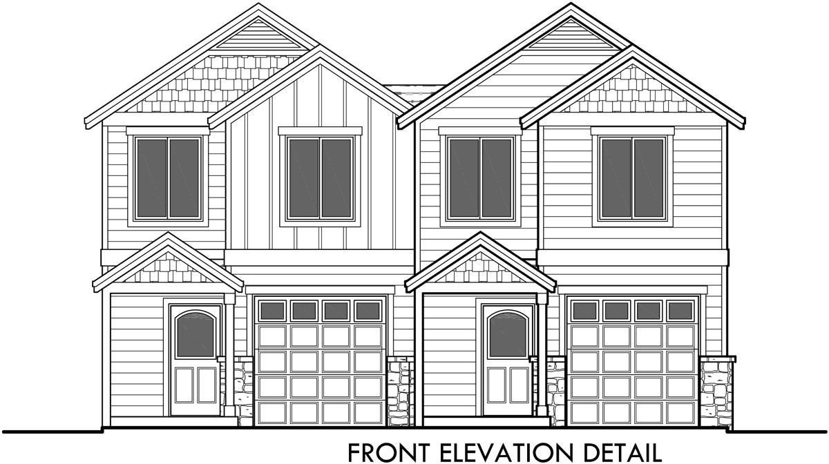House front drawing elevation view for D-542 Duplex house plans, narrow duplex house plans, 2 story duplex floor plans, 3 bedroom duplex house designs, D-542