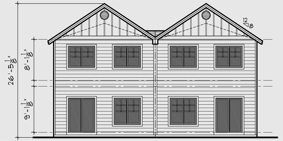 House front drawing elevation view for D-541 Duplex house plans, narrow row house plans, duplex house designs, multi unit house plans, duplex house plans with garage, D-541