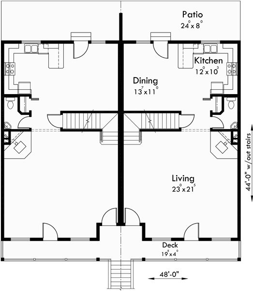 Main Floor Plan for D-535 Duplex house plans, duplex home designs, duplex house plans with garage, vacation house plans, D-535