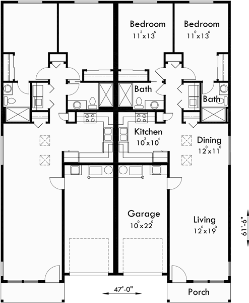 Main Floor Plan for D-529 Duplex house plans, one level duplex house plans, duplex home designs, duplex house plans with garage, narrow duplex house plans, single story duplex house plans, D-529