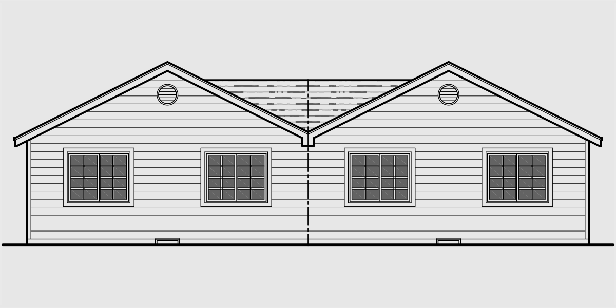 House front drawing elevation view for D-529 Duplex house plans, one level duplex house plans, duplex home designs, duplex house plans with garage, narrow duplex house plans, single story duplex house plans, D-529