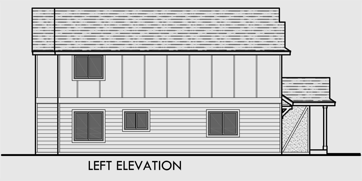 House side elevation view for T-399 Triplex house plans, 3 unit house plans, multiplex house plans, T-399