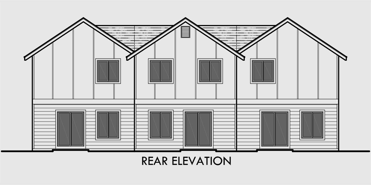 House front drawing elevation view for T-399 Triplex house plans, 3 unit house plans, multiplex house plans, T-399