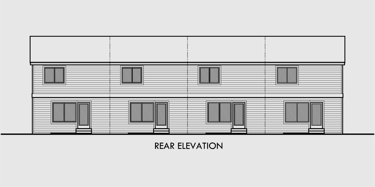 House rear elevation view for F-534 4 plex plans, 3 bedroom fourplex house plans, quadplex plans with garage, 3 story 4 plex house plans, F-534