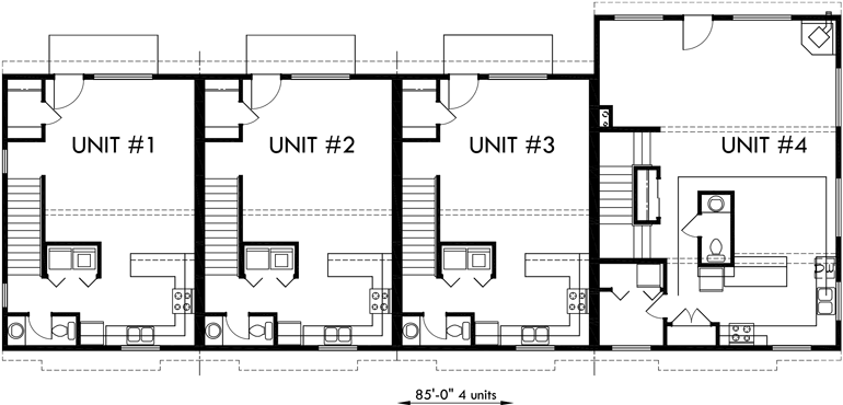 Main Floor Plan 2 for F-551 4 plex plans, fourplex with owners unit, quadplex plans with garage, 3 bedroom 4 plex house plans, F-551