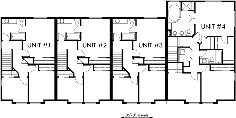 Upper Floor Plan 2 for 4 plex plans, fourplex with owners unit, quadplex plans with garage, 3 bedroom 4 plex house plans, F-551