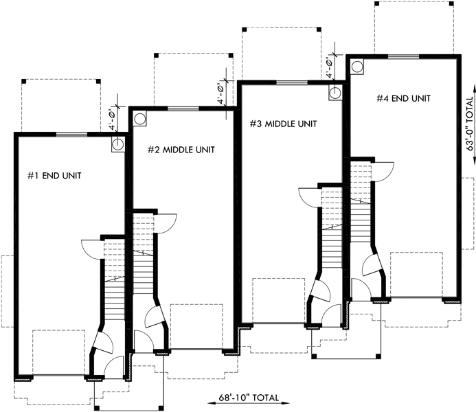 Lower Floor Plan 2 for Heavy timber craftsman, Townhouse plans, 4 plex house plans, row house plans with garage, F-540