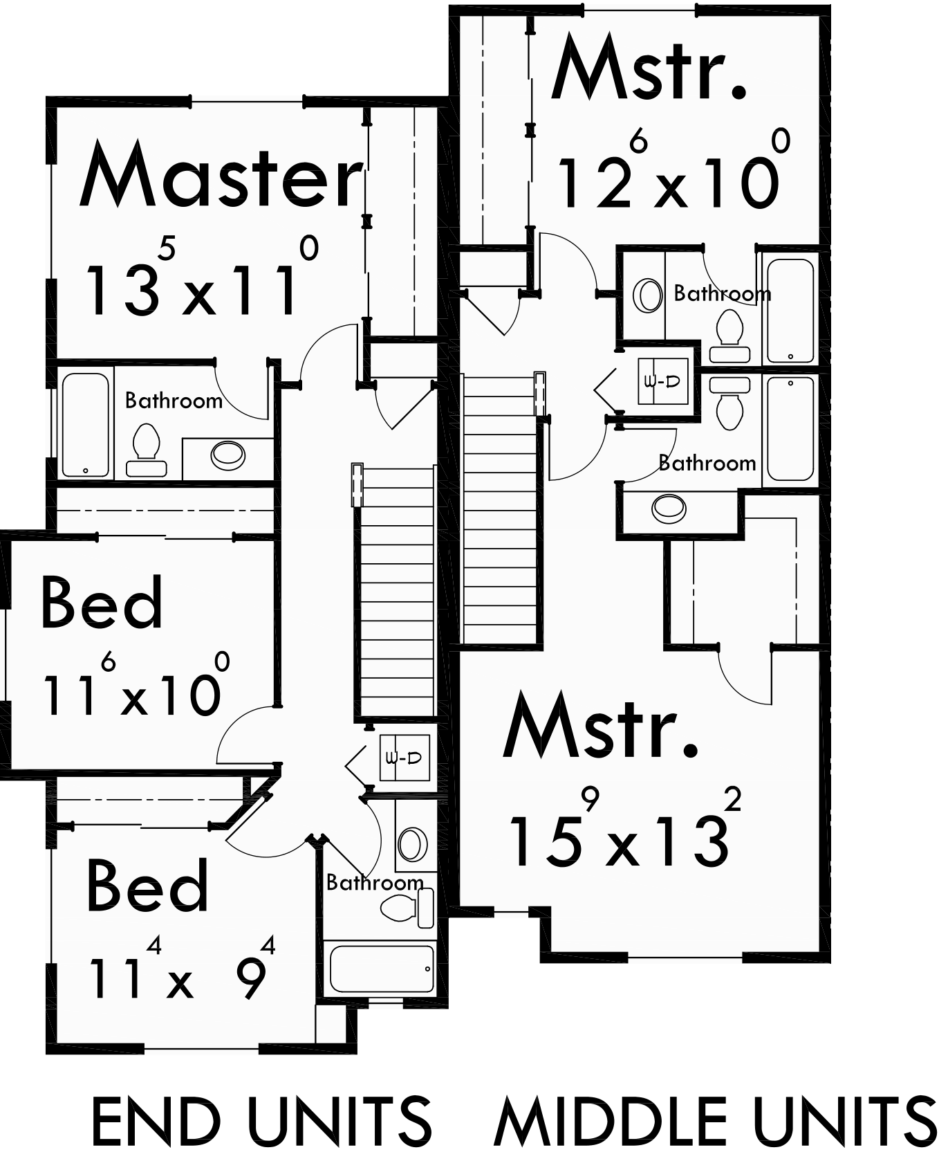 Upper Floor Plan for F-540 Heavy timber craftsman, Townhouse plans, 4 plex house plans, row house plans with garage, F-540