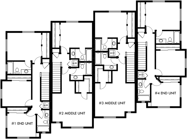 Upper Floor Plan 2 for Heavy timber craftsman, Townhouse plans, 4 plex house plans, row house plans with garage, F-540