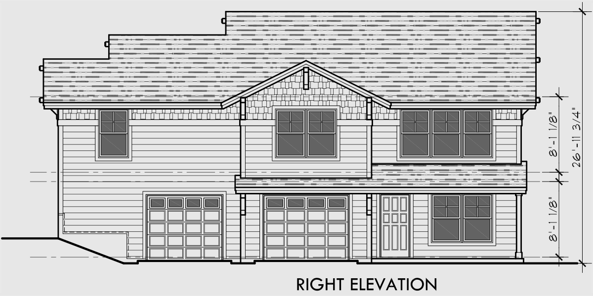 House front drawing elevation view for D-534 Duplex house plans, corner lot duplex plans, duplex plans for sloping lots, duplex plans for corner lots, D-534