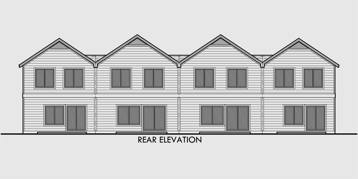 House front drawing elevation view for F-550 Fourplex plans, 4 plex plans, 3 bedroom 4 plex plans, townhouse plans, F-550