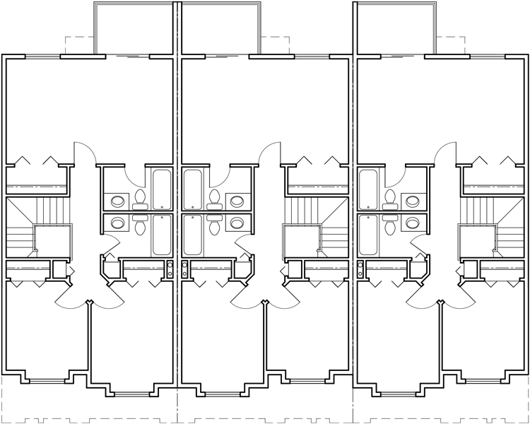 Upper Floor Plan 2 for Triplex house plans, townhouse with garage, 3 unit townhouse plans, row house plans, T-414
