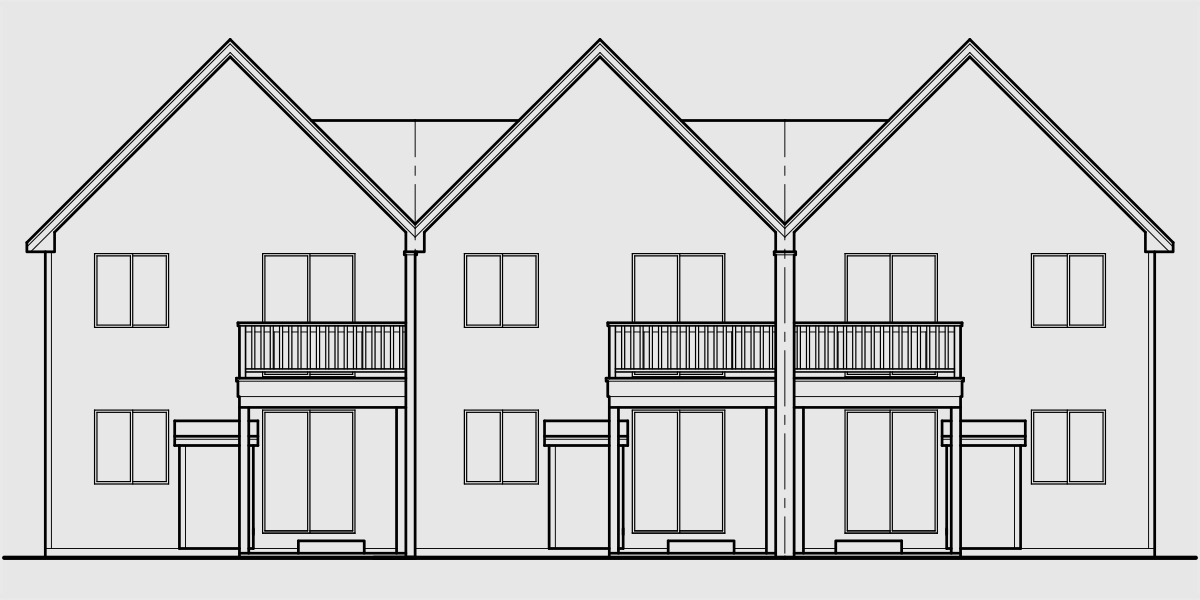 House front drawing elevation view for T-414 Triplex house plans, townhouse with garage, 3 unit townhouse plans, row house plans, T-414