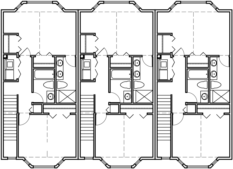Upper Floor Plan 2 for Triplex house plans, townhouse plans, 2 bedroom triplex plans, triplex with garage, T-415
