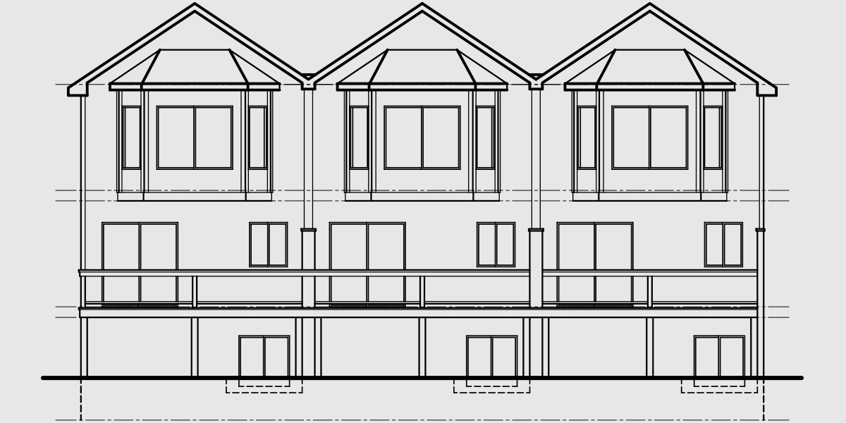House side elevation view for T-415 Triplex house plans, townhouse plans, 2 bedroom triplex plans, triplex with garage, T-415