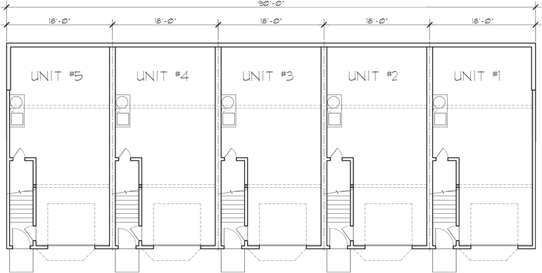 Lower Floor Plan 2 for 5 unit house plans, 5 unit townhouse plans, 2 bedroom 5 plex plans, fiveplex with garage, FV-568