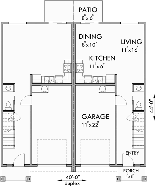 Main Floor Plan for D-599 Duplex house plans, 2 story duplex plans, 3 bedroom duplex plans, 40x44 ft duplex plan, duplex plans with garage in the middle, D-599