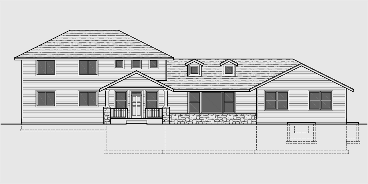 House front drawing elevation view for 10089 Master bedroom on main floor, side garage house plans, 5 bedroom house plans, 10089