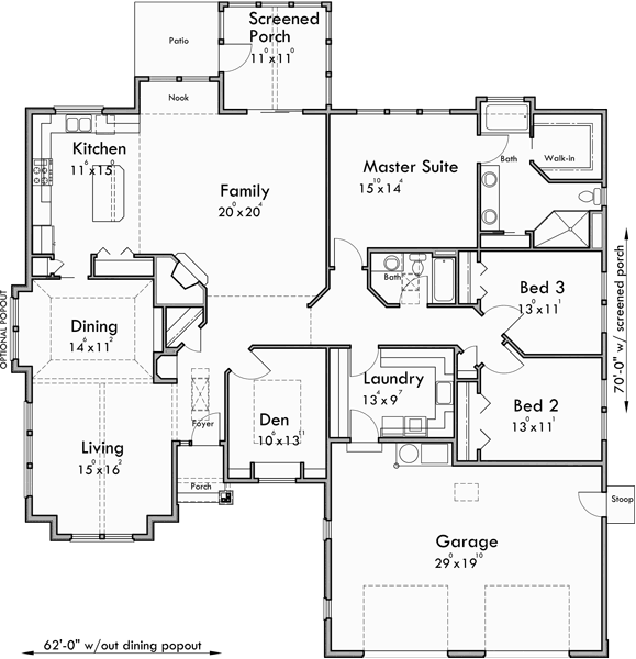 One Story House Plans, Ranch House Plans, 3 Bedroom House ...