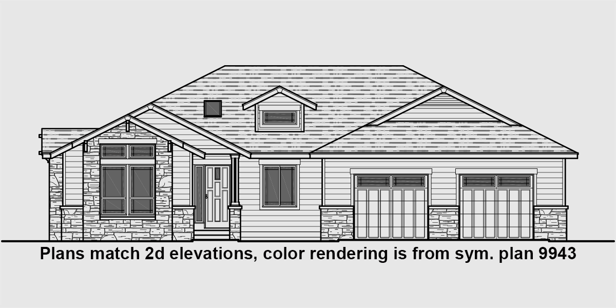 House front drawing elevation view for 10163 One story house plans, ranch house plans, 3 bedroom house plans, house plans with screened porch, 10163
