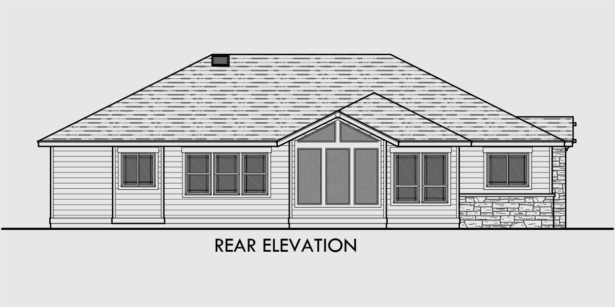House side elevation view for 10163 One story house plans, ranch house plans, 3 bedroom house plans, house plans with screened porch, 10163