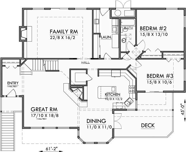 Main Floor Plan for 10165 Sloping lot house plans, daylight basement house plans, luxury house plans, view lot house plans, 10165