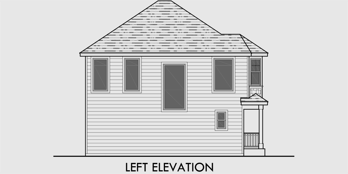 House side elevation view for D-575 Duplex house plans, owners unit duplex house plans, duplex house plans with storage, Victorian duplex house plans, D-575