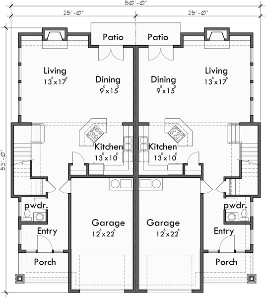 Main Floor Plan for D-600 Craftsman duplex house plans, luxury duplex house plans, Hillsboro Oregon, house plans with loft, D-600