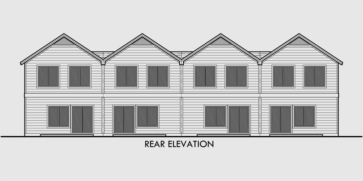 House side elevation view for F-555 Four plex house plans, craftsman row house plans,F-555