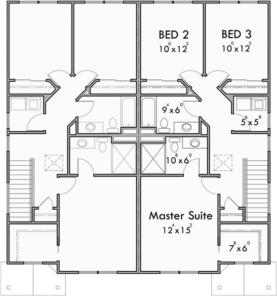 Upper Floor Plan for D-602 Craftsman duplex house plans, townhouse plans, row house plans, D-602