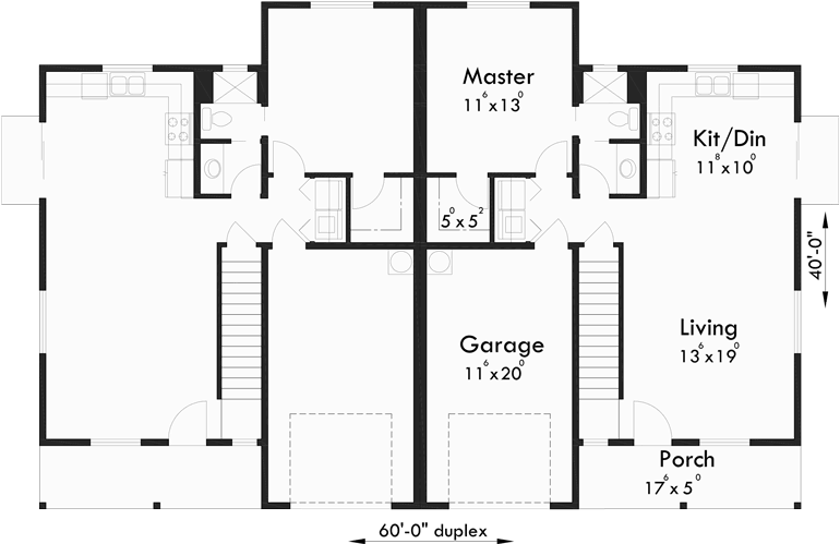 Main Floor Plan for D-603 Duplex House Plan With First Floor Master Bedroom