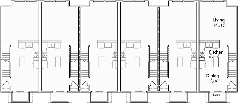 Main Floor Plan for S-730 6 plex house plans, row house plans, townhouse plans, narrow lot plans, S-730