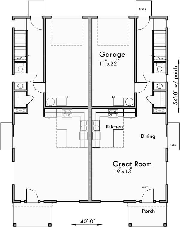 Main Floor Plan for D-608 Duplex house plan with rear garage, narrow lot townhouse plan, D-608