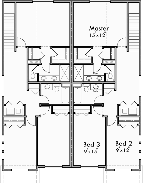Upper Floor Plan for D-608 Duplex house plan with rear garage, narrow lot townhouse plan, D-608