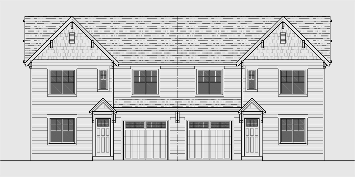 House front drawing elevation view for D-610 Affordable Narrow Duplex House Plan With 3 Bedrooms