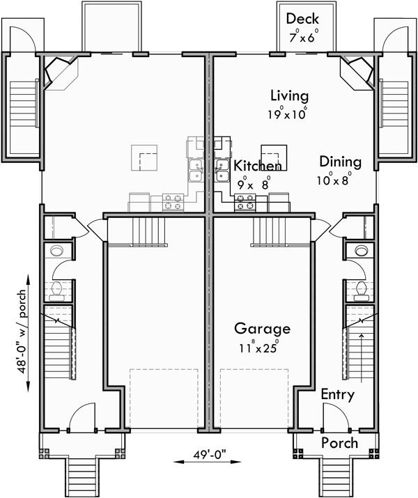 Main Floor Plan for D-607 Duplex House Plans with Basement D-607
