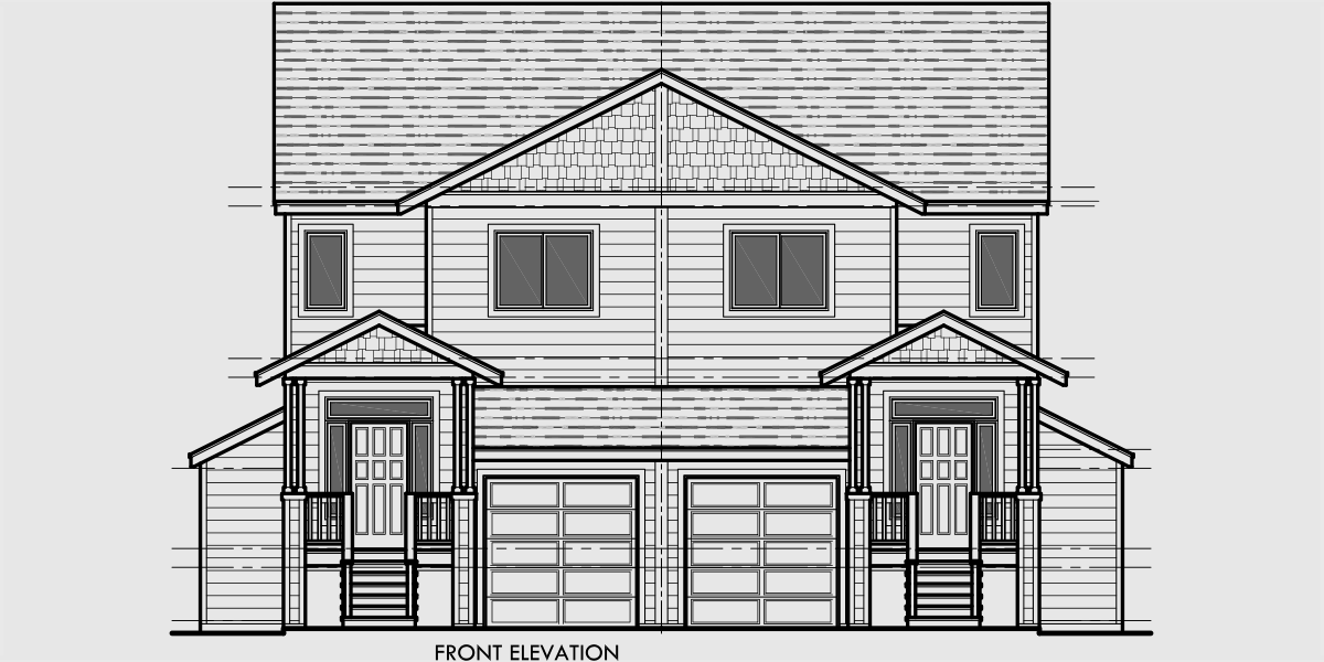 House front drawing elevation view for D-607 Duplex House Plans with Basement D-607