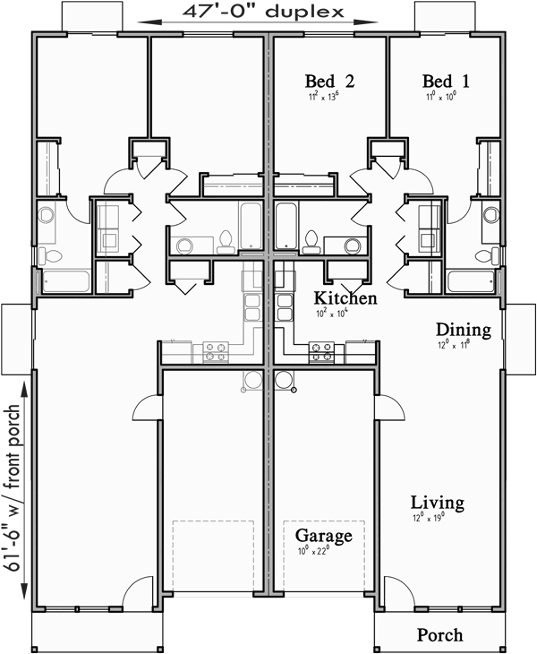 Narrow One Story Duplex House Plans D 611