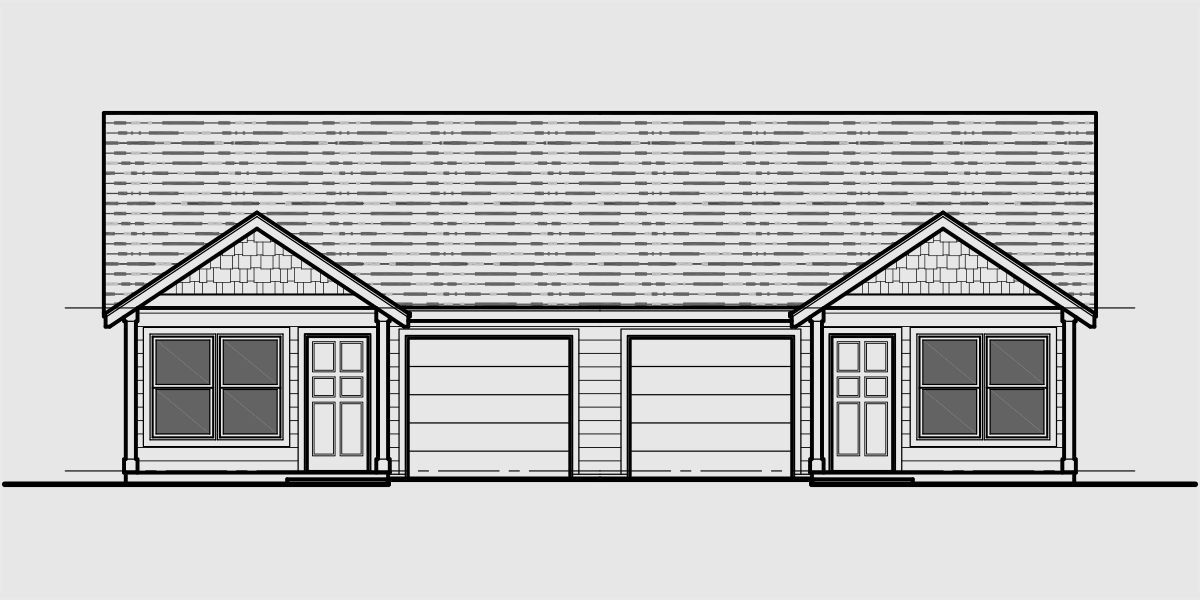 House front drawing elevation view for D-611 Narrow One Story Duplex House Plans, D-611