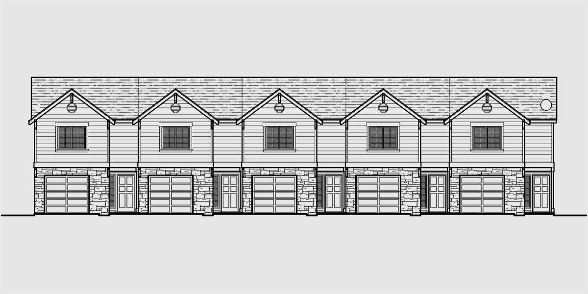 House front drawing elevation view for FV-572 5 plex row house plans, reversed living, multi family vacation plex, FV-572